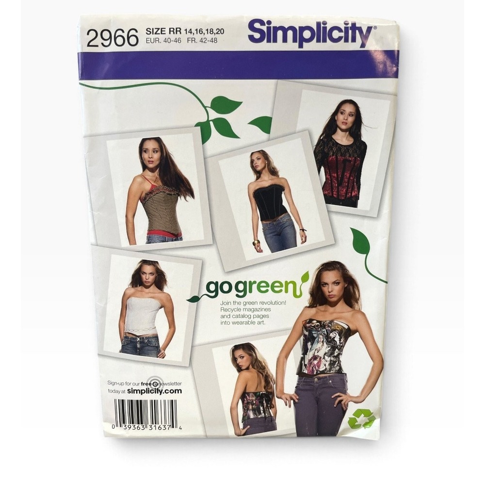 Simplicity Sewing Pattern 2966 Misses Size 14 16 18 20 Corset Bustier Uncut FF